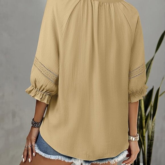 Womens Summer Blouses Flowy Casual V-Neck Front Tie Tops 3/4 Sleeve with Elastic - Picture 5 of 6